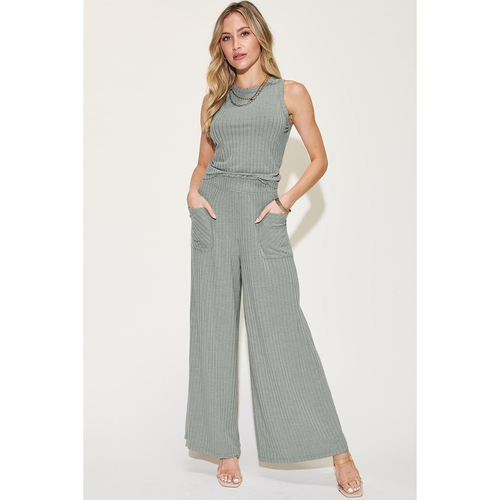 BASIC BAE Heather Gray Two Piece Ribbe Wide Leg and Tank Outift Set NEW